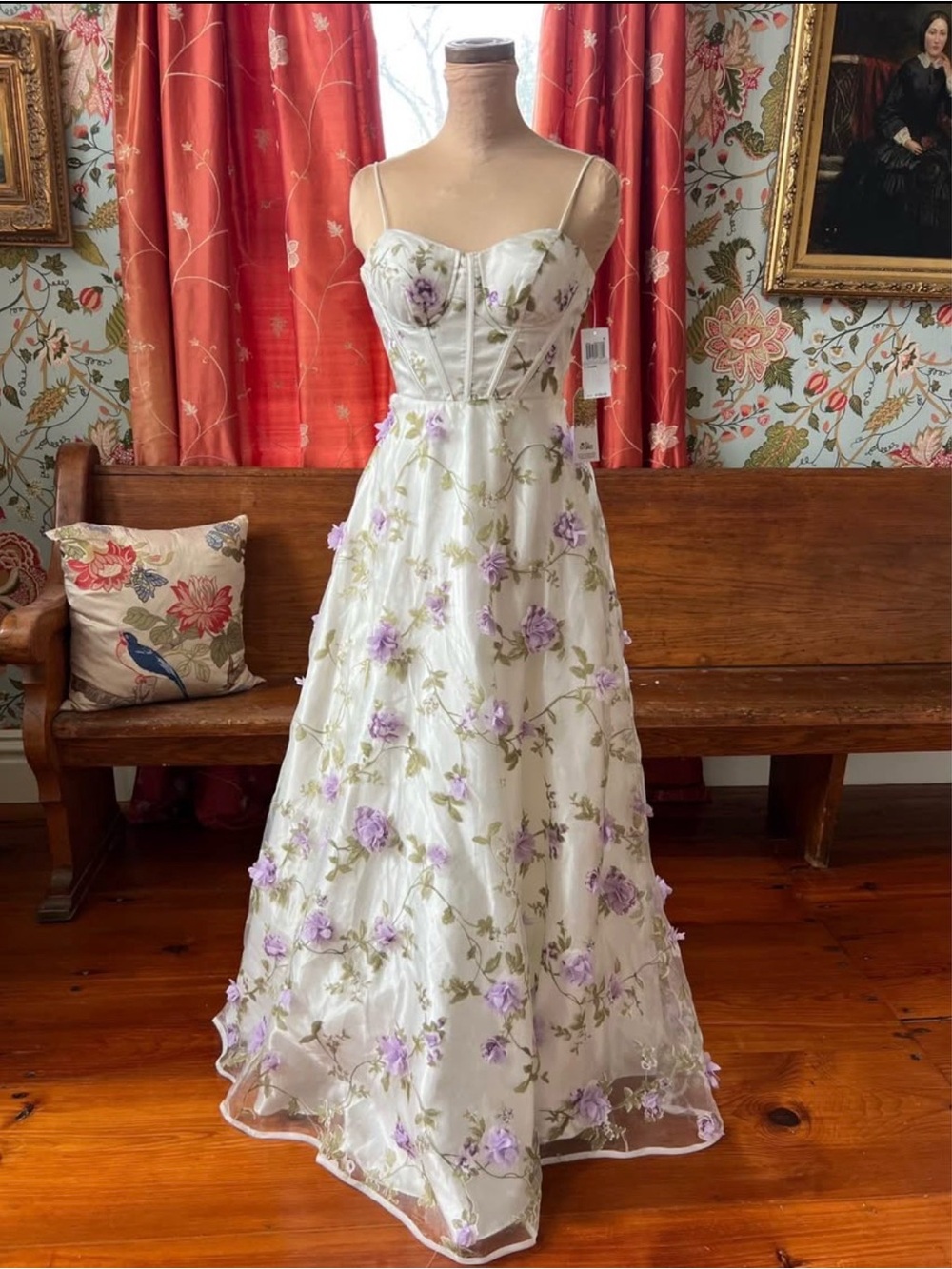 NWT Size 1/2 White Floral Embroidered Spaghetti-Strap Long Wedding or Prom Dress